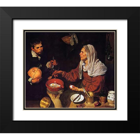 Old Woman Cooking Eggs Black Modern Wood Framed Art Print with Double Matting by Velazquez, Diego