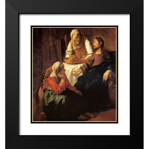 Christ In The House Of Mary And Martha Black Modern Wood Framed Art Print with Double Matting by Vermeer, Johannes