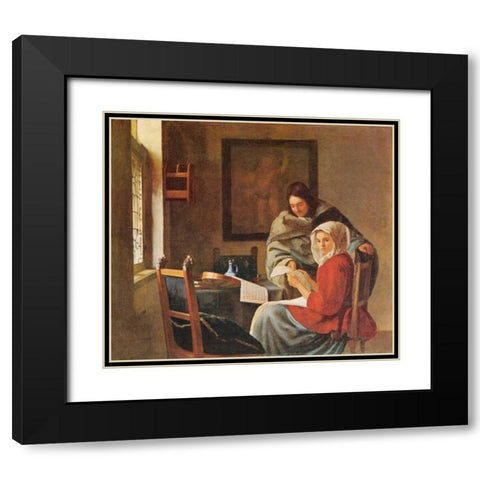 Gentleman And The Girl With Music Black Modern Wood Framed Art Print with Double Matting by Vermeer, Johannes
