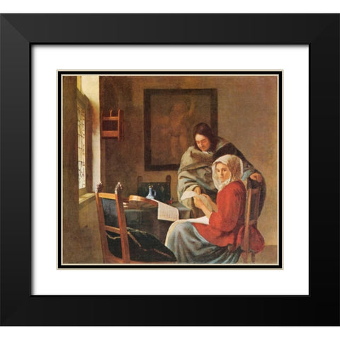 Gentleman And The Girl With Music Black Modern Wood Framed Art Print with Double Matting by Vermeer, Johannes