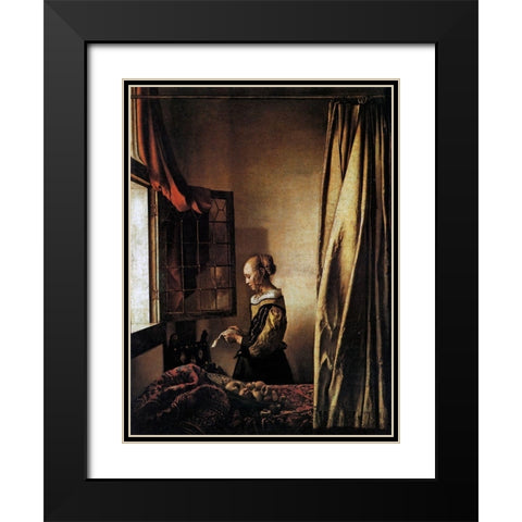 Girl Reading A Letter At An Open Window Black Modern Wood Framed Art Print with Double Matting by Vermeer, Johannes