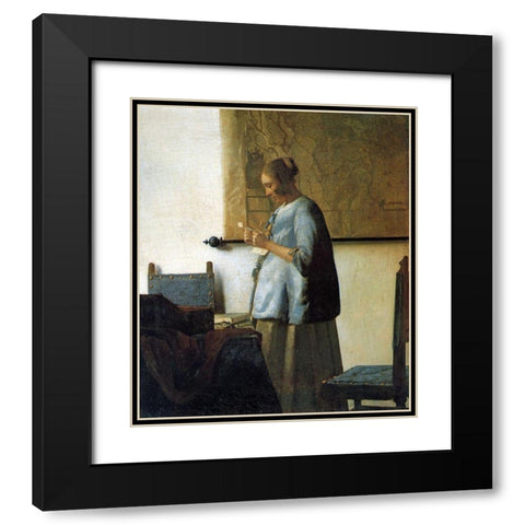 Lady In Blue Black Modern Wood Framed Art Print with Double Matting by Vermeer, Johannes