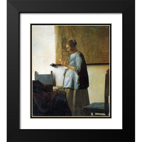 Lady In Blue Black Modern Wood Framed Art Print with Double Matting by Vermeer, Johannes