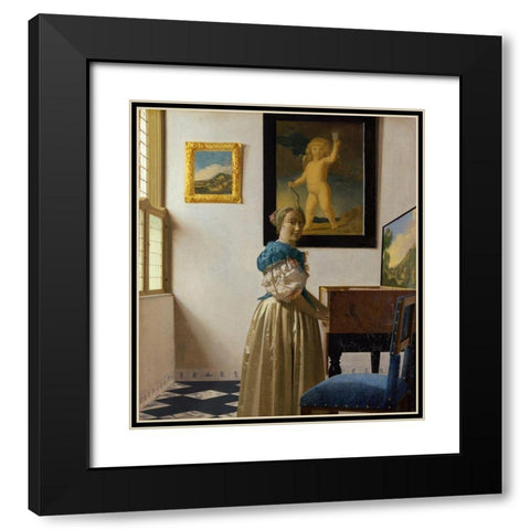 Lady Standing At A Virginal Black Modern Wood Framed Art Print with Double Matting by Vermeer, Johannes