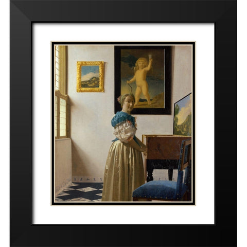 Lady Standing At A Virginal Black Modern Wood Framed Art Print with Double Matting by Vermeer, Johannes