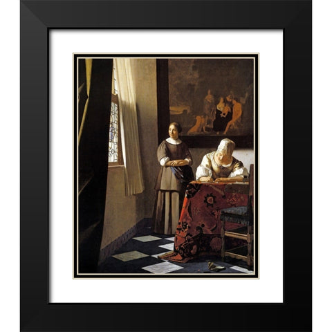 Lady Writing A Letter With Her Maid Black Modern Wood Framed Art Print with Double Matting by Vermeer, Johannes