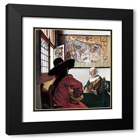 Soldier And Young Girl Smiling Black Modern Wood Framed Art Print with Double Matting by Vermeer, Johannes