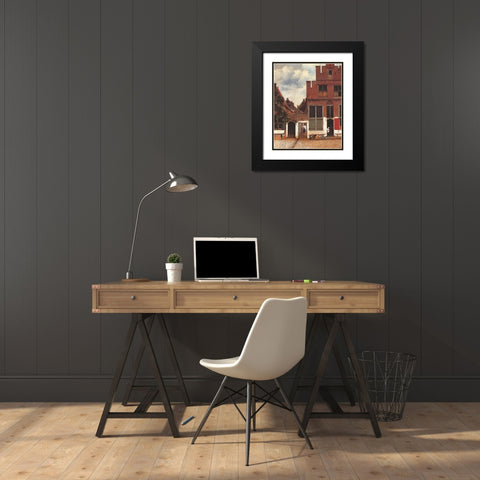 The Little Street Black Modern Wood Framed Art Print with Double Matting by Vermeer, Johannes