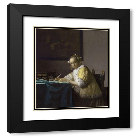 Writing Lady In Yellow Jacket Black Modern Wood Framed Art Print with Double Matting by Vermeer, Johannes