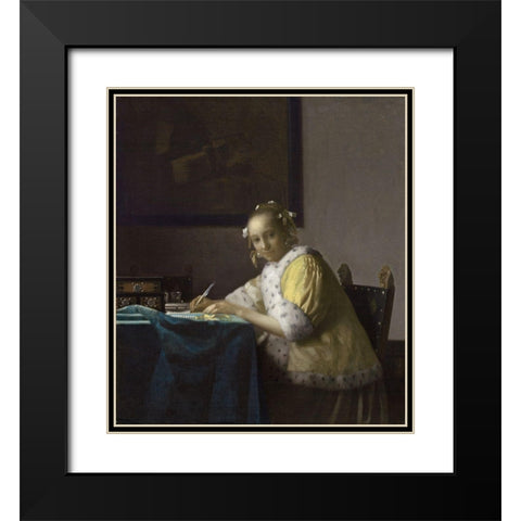 Writing Lady In Yellow Jacket Black Modern Wood Framed Art Print with Double Matting by Vermeer, Johannes