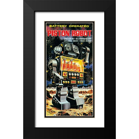 Battery Operated Piston Robot Black Modern Wood Framed Art Print with Double Matting by Retrobot