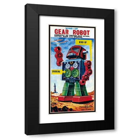 Wind-up Gear Robot Black Modern Wood Framed Art Print with Double Matting by Retrobot