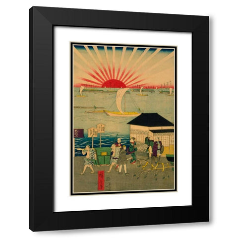 Famous places in Tokyo: real view of Takanawa #2 Featuring the Rising Sun. Black Modern Wood Framed Art Print with Double Matting by Hiroshige, Utagawa