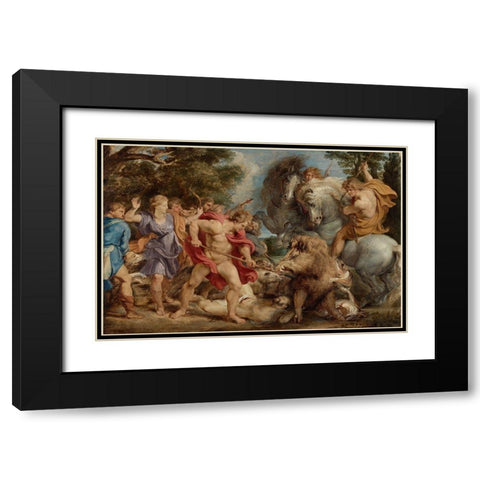 The Calydonian Boar Hunt Black Modern Wood Framed Art Print with Double Matting by Rubens, Peter Paul
