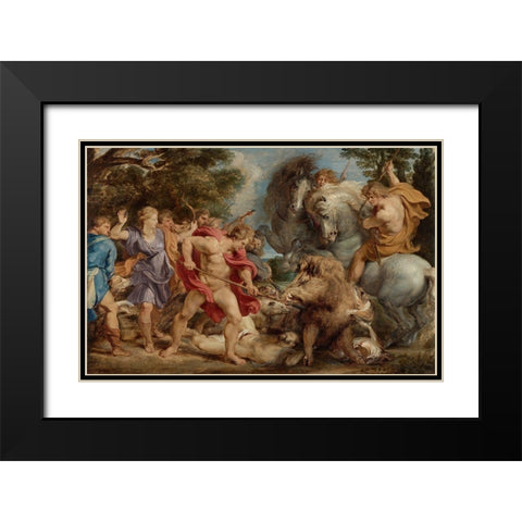 The Calydonian Boar Hunt Black Modern Wood Framed Art Print with Double Matting by Rubens, Peter Paul