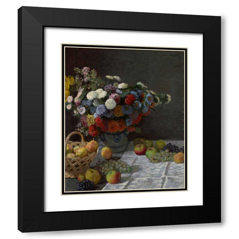 Still Life with Flowers and Fruit Black Modern Wood Framed Art Print with Double Matting by Monet, Claude