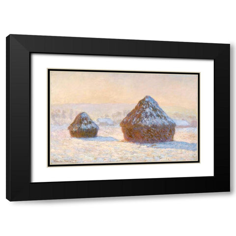 Wheatstacks, Snow Effect, Morning - Meules, Effet de Neige, Le Matin Black Modern Wood Framed Art Print with Double Matting by Monet, Claude
