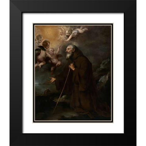 The Vision of Saint Francis of Paola Black Modern Wood Framed Art Print with Double Matting by Murillo, Bartolome Esteban