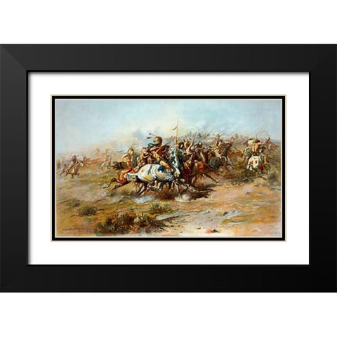 The Custer Fight, 1903 Black Modern Wood Framed Art Print with Double Matting by Russell, Charles