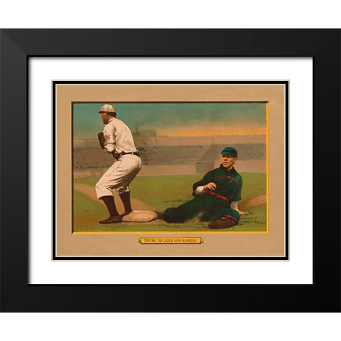 Trying to Catch Him Napping, Baseball Card Black Modern Wood Framed Art Print with Double Matting by American Tobacco Company