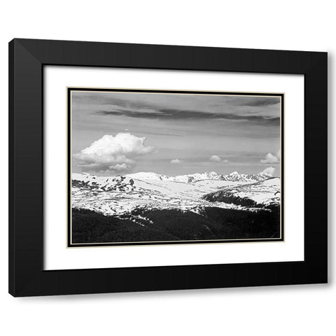View at timberline, dark foreground, light snow capped mountain, gray sky, in Rocky Mountain Nationa Black Modern Wood Framed Art Print with Double Matting by Adams, Ansel