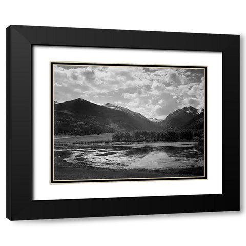 Lake and trees in foreground, mountains and clouds in background, in Rocky Mountain National Park, C Black Modern Wood Framed Art Print with Double Matting by Adams, Ansel