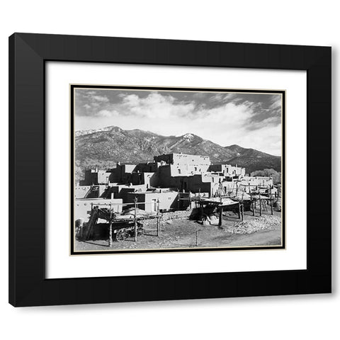Full view of city, mountains in background, Taos Pueblo National Historic Landmark, New Mexico, 1941 Black Modern Wood Framed Art Print with Double Matting by Adams, Ansel
