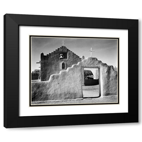 Full side view of entrance with gate to the right, Church, Taos Pueblo National Historic Landmark, N Black Modern Wood Framed Art Print with Double Matting by Adams, Ansel