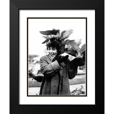 Elizabeth Taylor with pigeons Black Modern Wood Framed Art Print with Double Matting by Hollywood Photo Archive