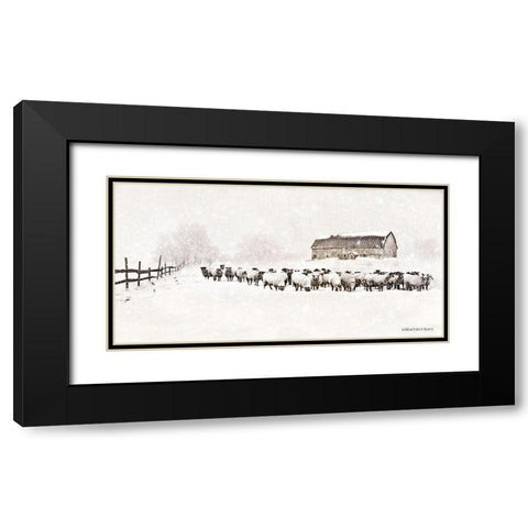 Warm Winter Barn with Sheep Herd Black Modern Wood Framed Art Print with Double Matting by Bluebird Barn