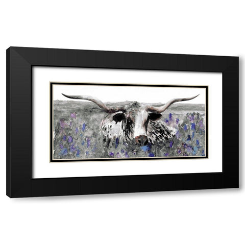 Longhorn in Flower Field Black Modern Wood Framed Art Print with Double Matting by Stellar Design Studio