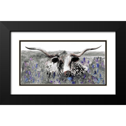 Longhorn in Flower Field Black Modern Wood Framed Art Print with Double Matting by Stellar Design Studio
