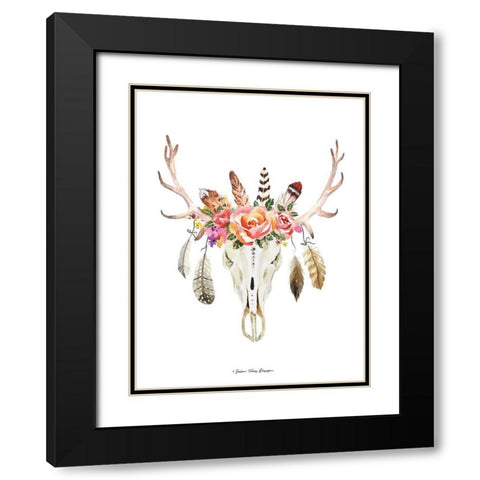 Boho Floral Feather Skull Black Modern Wood Framed Art Print with Double Matting by Seven Trees Design