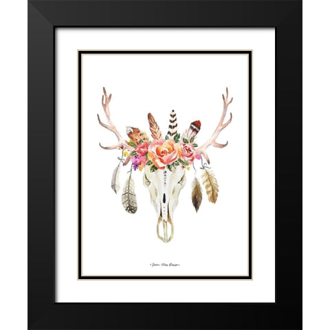 Boho Floral Feather Skull Black Modern Wood Framed Art Print with Double Matting by Seven Trees Design