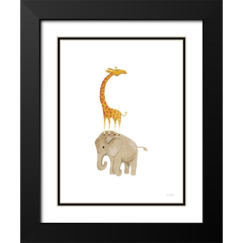 Safari Elephant and Giraffe Black Modern Wood Framed Art Print with Double Matting by Stellar Design Studio