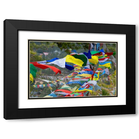 Bhutan-Thimphu Colorful prayer flags on mountain top at the Sangaygang Geodetic Station Black Modern Wood Framed Art Print with Double Matting by Hopkins, Cindy Miller