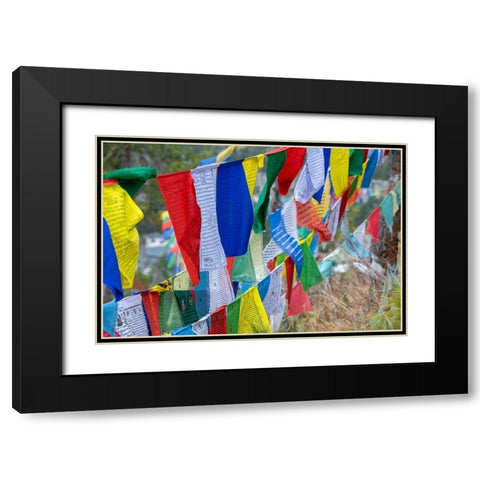 Bhutan-Thimphu Colorful prayer flags on mountain top at the Sangaygang Geodetic Station Black Modern Wood Framed Art Print with Double Matting by Hopkins, Cindy Miller