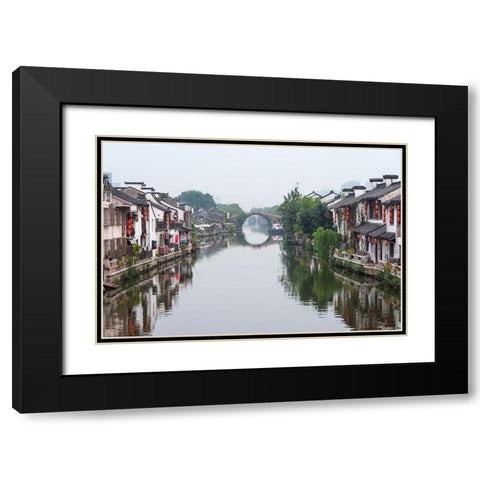 Traditional house and stone bridge on the Grand Canal-Wuxi-Jiangsu Province-China Black Modern Wood Framed Art Print with Double Matting by Su, Keren