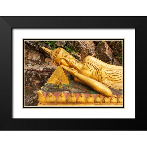 Laos- Luang Prabang. Reclining Buddha statue on Mount Phousi. Black Modern Wood Framed Art Print with Double Matting by Haseltine, Tom