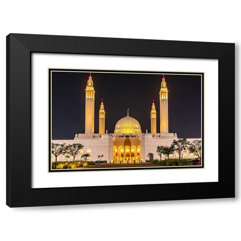 Middle East-Arabian Peninsula-Oman-Ad Dakhiliyah-Nizwa-Night view of the Sultan Qaboos Grand Mosque Black Modern Wood Framed Art Print with Double Matting by Wilson, Emily M.