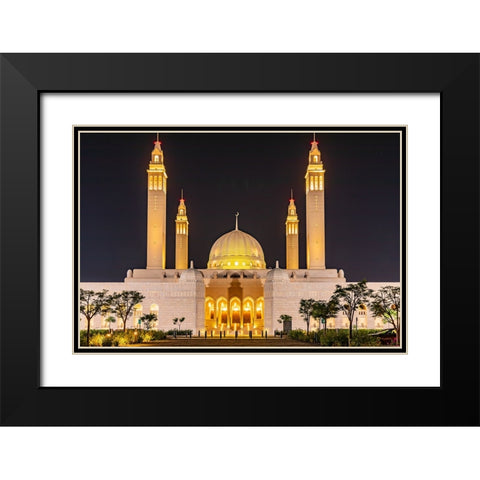 Middle East-Arabian Peninsula-Oman-Ad Dakhiliyah-Nizwa-Night view of the Sultan Qaboos Grand Mosque Black Modern Wood Framed Art Print with Double Matting by Wilson, Emily M.