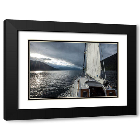 Canada-British Columbia-Gulf 32 pilothouse boat motoring and sailing north Black Modern Wood Framed Art Print with Double Matting by Souders, Paul