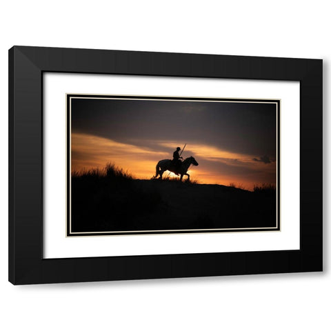Europe-France-Provence-Camargue horse with rider at sunrise Black Modern Wood Framed Art Print with Double Matting by Jaynes Gallery