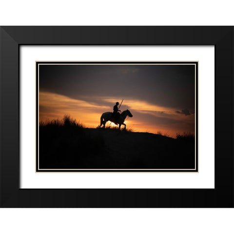 Europe-France-Provence-Camargue horse with rider at sunrise Black Modern Wood Framed Art Print with Double Matting by Jaynes Gallery