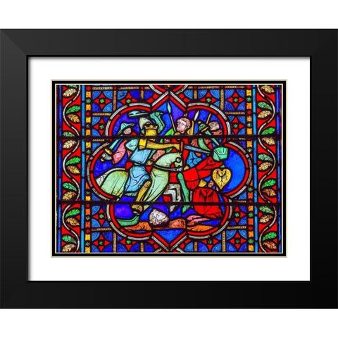 Knights Fighting Swords Horses Battle War stained glass-Notre Dame Cathedral-Paris-France Black Modern Wood Framed Art Print with Double Matting by Perry, William