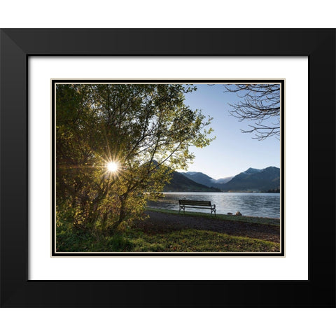 Sunrise at lake and village Schliersee in the Bavarian Alps during autumn-Bavaria-Germany Black Modern Wood Framed Art Print with Double Matting by Zwick, Martin