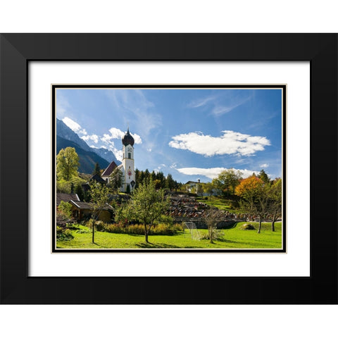 Church St-Johannes der Taufer-John the Baptist-Mount Zugspitze in the background-Village Grainau ne Black Modern Wood Framed Art Print with Double Matting by Zwick, Martin