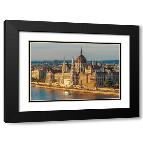 Tour boat passes Hungarys Parliament-built between 1884-1902 is the countrys largest building-It ha Black Modern Wood Framed Art Print with Double Matting by Haseltine, Tom