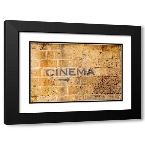 Italy-Basilicata-Province of Matera-Matera Sign on a wall pointing to a cinema-movie theater Black Modern Wood Framed Art Print with Double Matting by Wilson, Emily