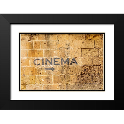 Italy-Basilicata-Province of Matera-Matera Sign on a wall pointing to a cinema-movie theater Black Modern Wood Framed Art Print with Double Matting by Wilson, Emily